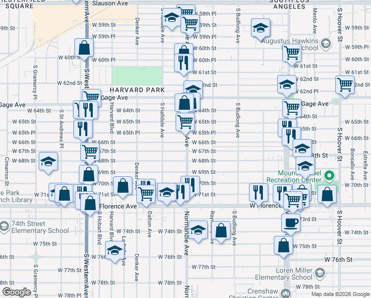 map of restaurants, bars, coffee shops, grocery stores, and more near 6617 Normandie Avenue in Los Angeles
