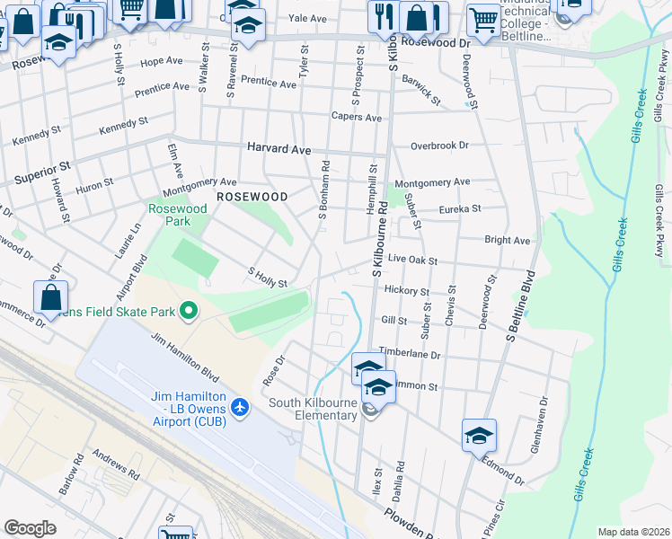 map of restaurants, bars, coffee shops, grocery stores, and more near 3700 Hickory Street in Columbia