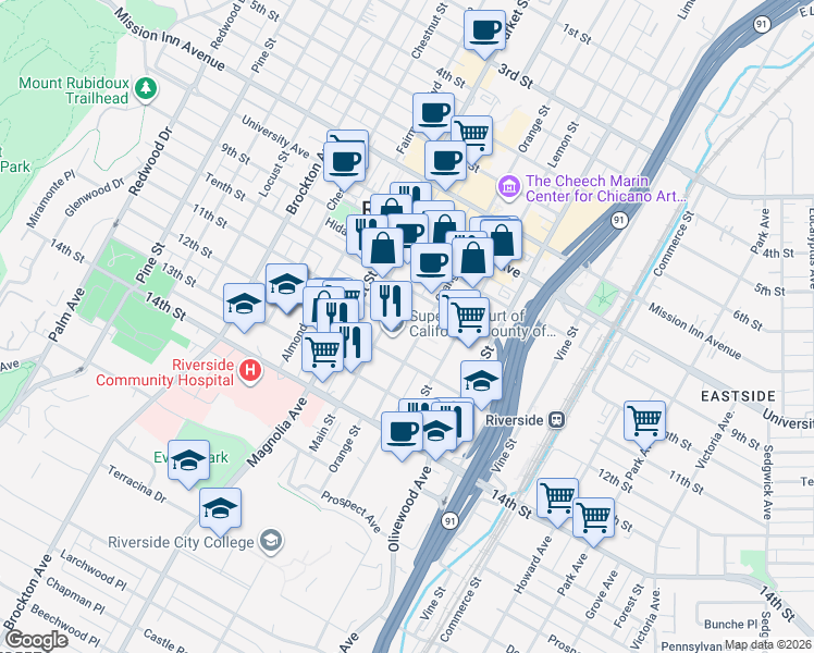 map of restaurants, bars, coffee shops, grocery stores, and more near 3610 11th Street in Riverside