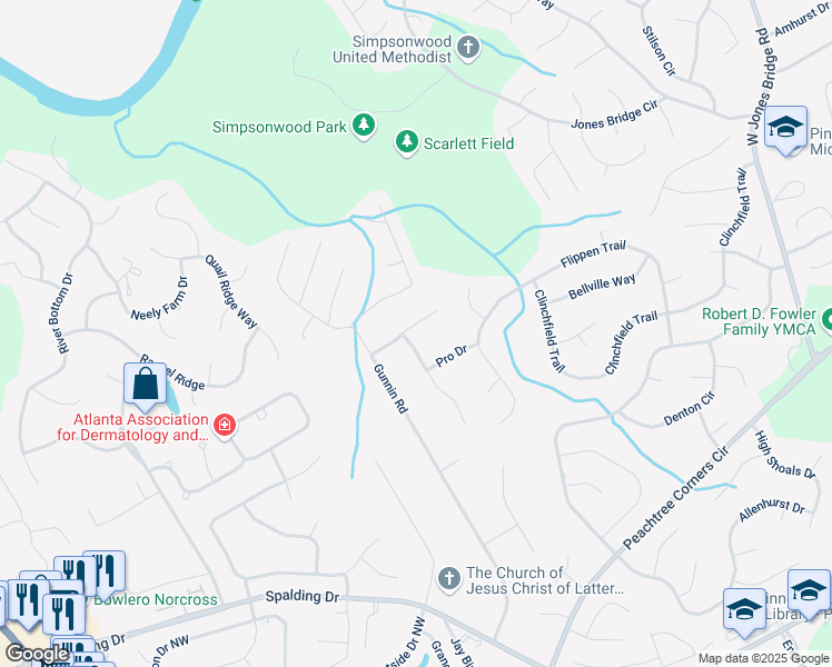 map of restaurants, bars, coffee shops, grocery stores, and more near 4187 Volley Lane in Norcross