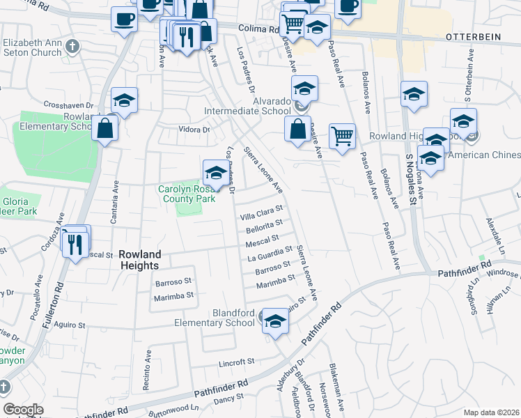 map of restaurants, bars, coffee shops, grocery stores, and more near 18647 Villa Clara Street in Rowland Heights