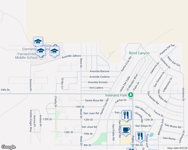 map of restaurants, bars, coffee shops, grocery stores, and more near 66124 Avenida Dorado in Desert Hot Springs
