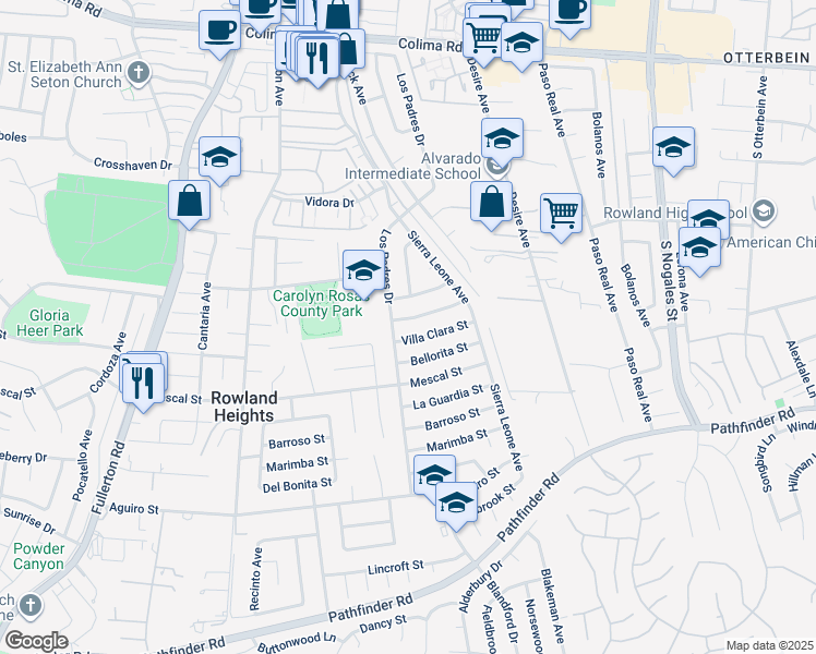 map of restaurants, bars, coffee shops, grocery stores, and more near 18622 Villa Clara Street in Rowland Heights