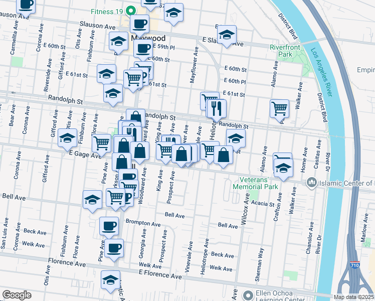 map of restaurants, bars, coffee shops, grocery stores, and more near 6336 Mayflower Avenue in Bell
