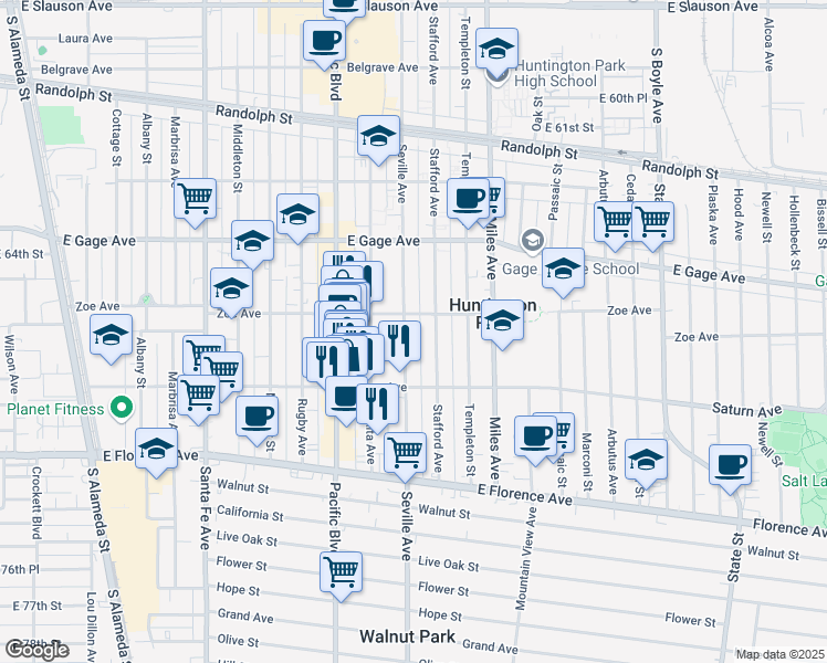 map of restaurants, bars, coffee shops, grocery stores, and more near 6760 Seville Avenue in Huntington Park
