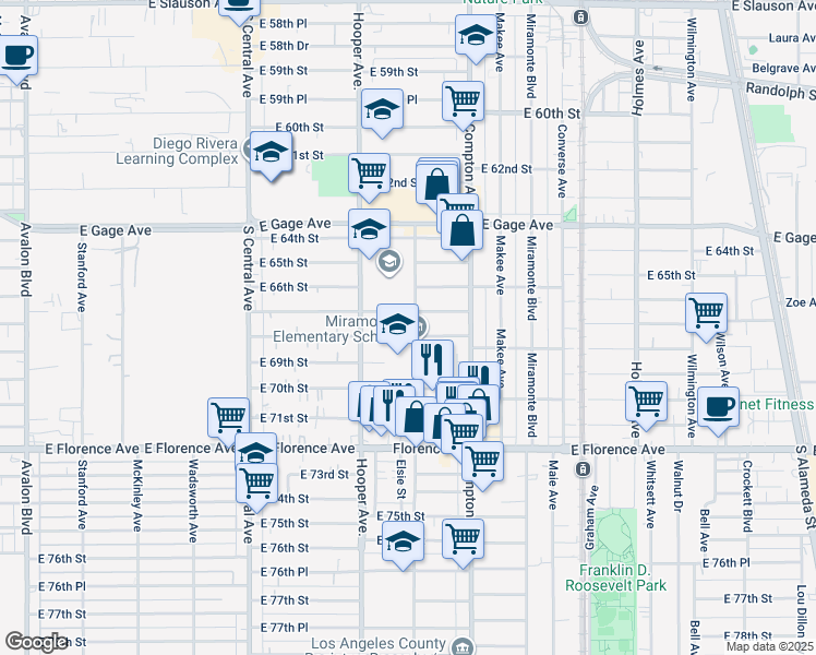 map of restaurants, bars, coffee shops, grocery stores, and more near 1418 1/2 East 68th Street in Los Angeles
