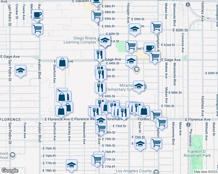 map of restaurants, bars, coffee shops, grocery stores, and more near 6900 South Central Avenue in Los Angeles