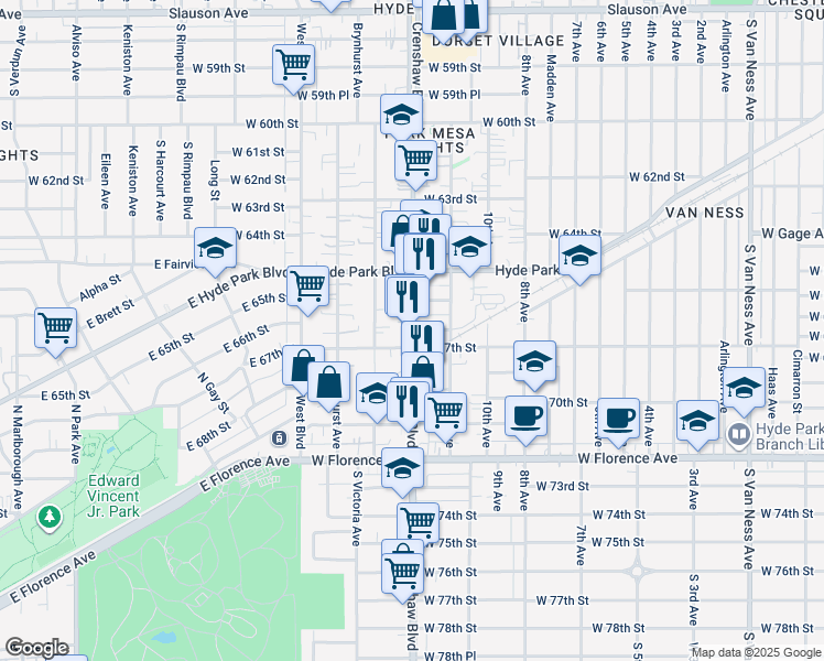 map of restaurants, bars, coffee shops, grocery stores, and more near 6700 Crenshaw Boulevard in Los Angeles