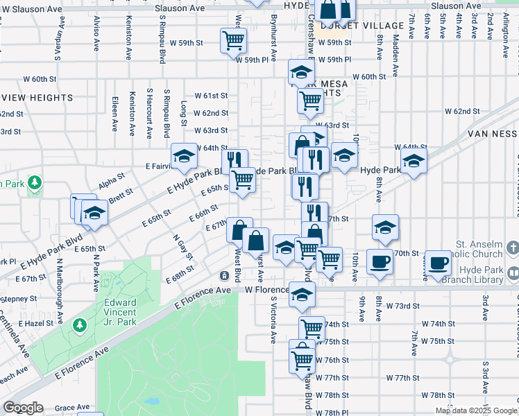 map of restaurants, bars, coffee shops, grocery stores, and more near 3488 West 67th Street in Los Angeles