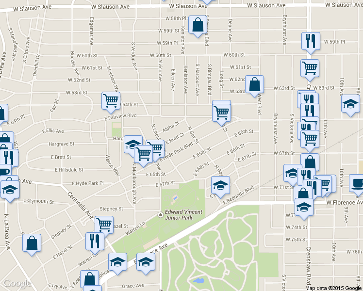 map of restaurants, bars, coffee shops, grocery stores, and more near 914 East Hyde Park Boulevard in Inglewood