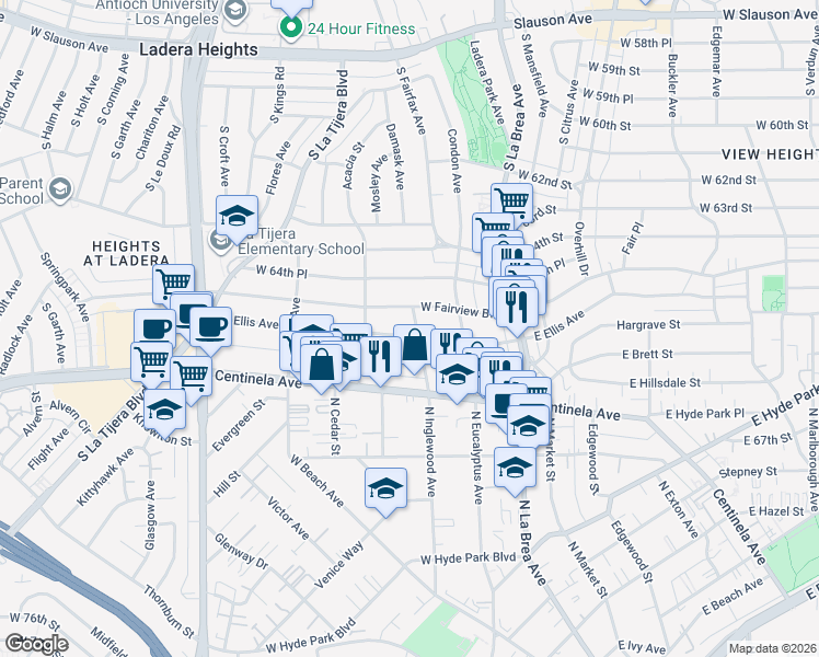 map of restaurants, bars, coffee shops, grocery stores, and more near 303 West Hillsdale Street in Inglewood