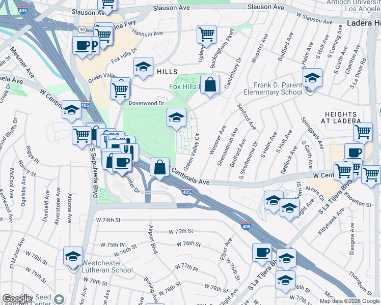 map of restaurants, bars, coffee shops, grocery stores, and more near 5856 West Centinela Avenue in Los Angeles