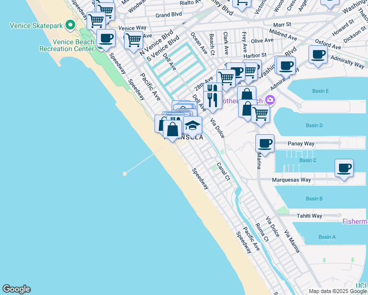 map of restaurants, bars, coffee shops, grocery stores, and more near 10 Speedway in Marina del Rey