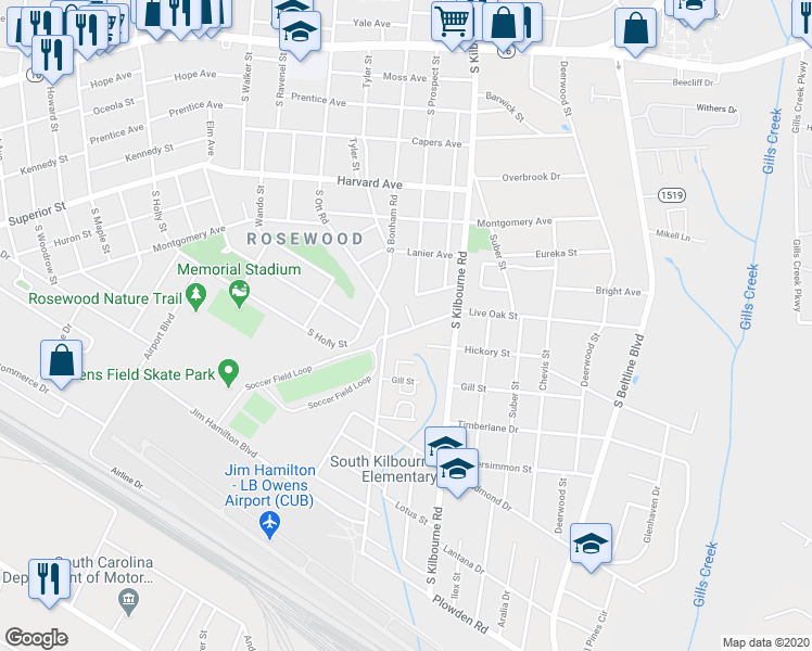 map of restaurants, bars, coffee shops, grocery stores, and more near 3700 Hickory Street in Columbia