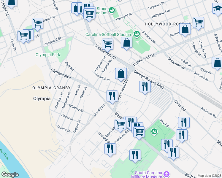 map of restaurants, bars, coffee shops, grocery stores, and more near 1181 Olympia Avenue in Columbia