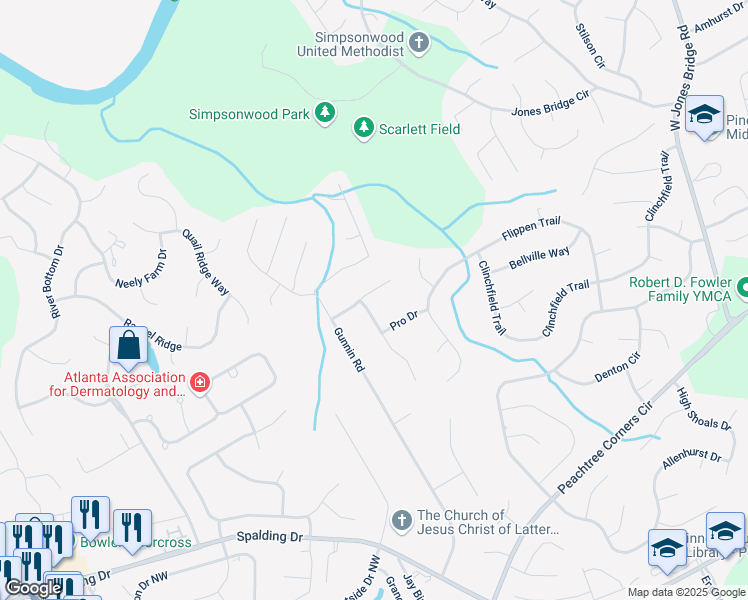 map of restaurants, bars, coffee shops, grocery stores, and more near 4187 Volley Lane in Norcross