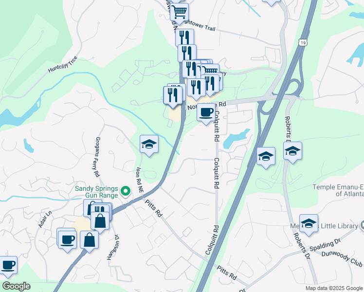 map of restaurants, bars, coffee shops, grocery stores, and more near 8155 Roswell Road Northeast in Sandy Springs
