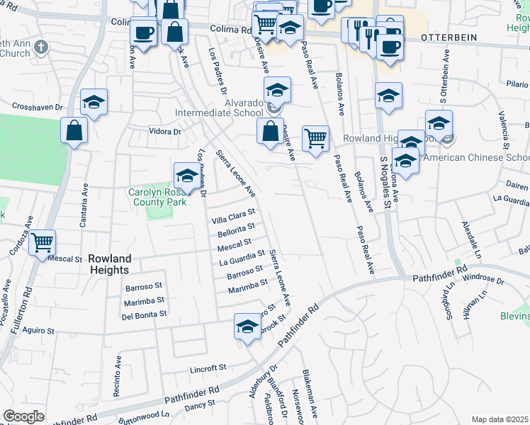 map of restaurants, bars, coffee shops, grocery stores, and more near 2306 Sierra Leone Avenue in Rowland Heights