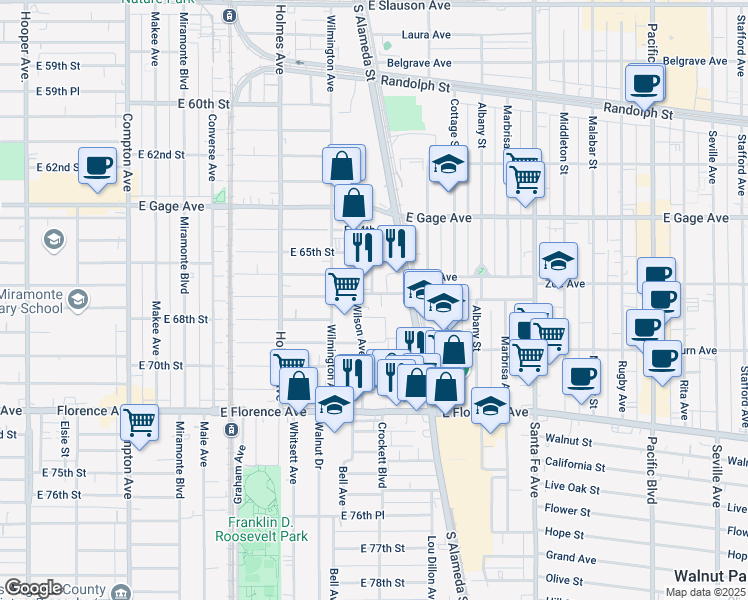 map of restaurants, bars, coffee shops, grocery stores, and more near 6820 Wilson Avenue in Los Angeles