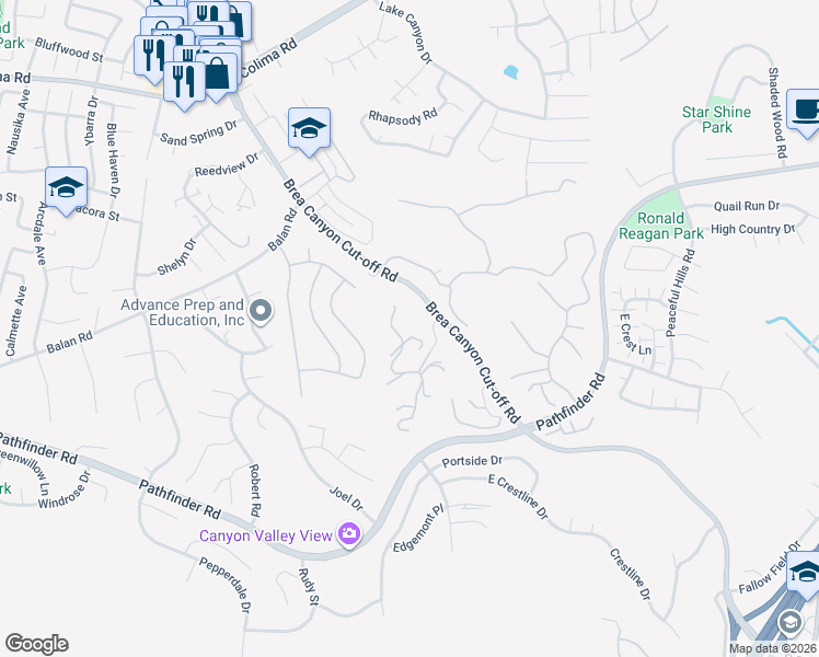 map of restaurants, bars, coffee shops, grocery stores, and more near 2370 Oakleaf Canyon Road in Walnut