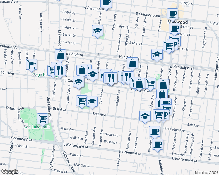 map of restaurants, bars, coffee shops, grocery stores, and more near 4026 Gage Avenue in Bell