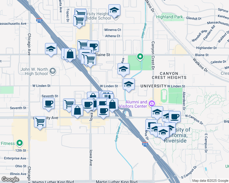 map of restaurants, bars, coffee shops, grocery stores, and more near 1120 West Linden Street in Riverside