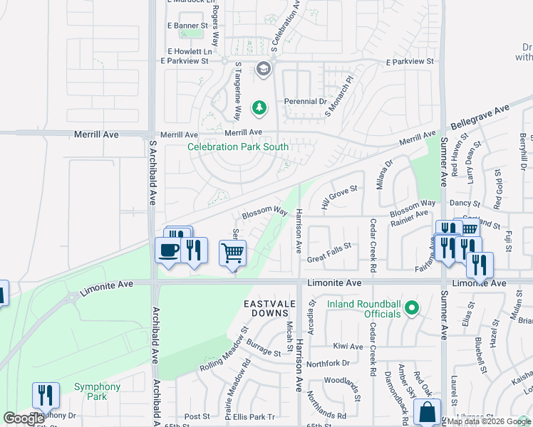 map of restaurants, bars, coffee shops, grocery stores, and more near 5869 Oatfield Avenue in Eastvale