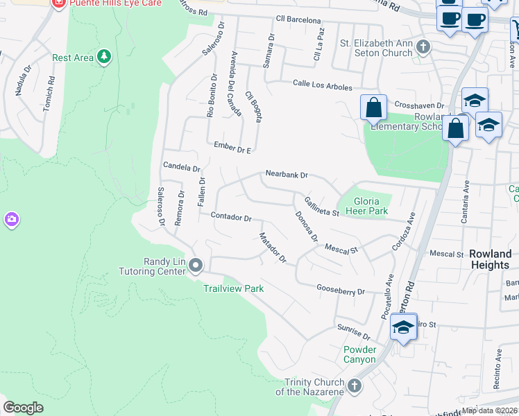 map of restaurants, bars, coffee shops, grocery stores, and more near 17834 Baintree Avenue East in Rowland Heights