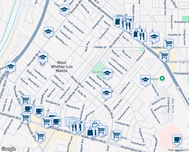 map of restaurants, bars, coffee shops, grocery stores, and more near 11449 Bradhurst Street in Whittier