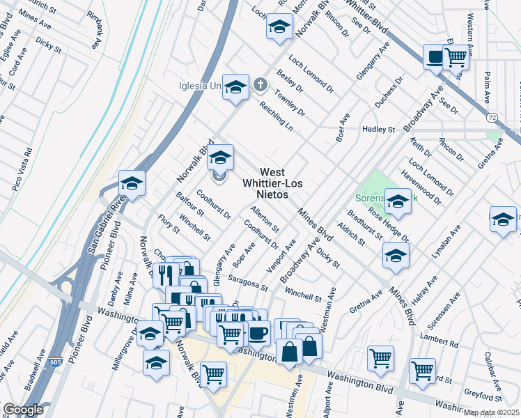 map of restaurants, bars, coffee shops, grocery stores, and more near 11117 Allerton Street in Whittier