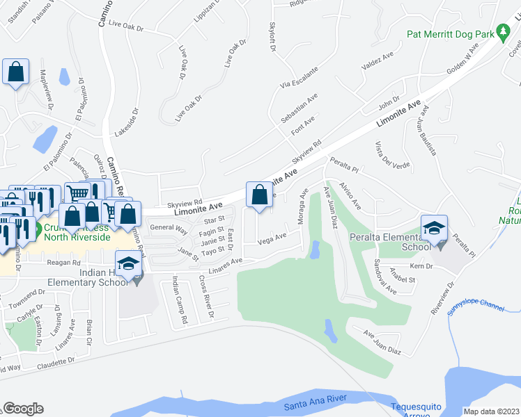 map of restaurants, bars, coffee shops, grocery stores, and more near 6046 Martinez Avenue in Riverside
