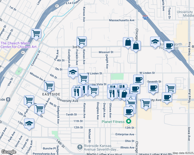 map of restaurants, bars, coffee shops, grocery stores, and more near 3538 Douglass Avenue in Riverside