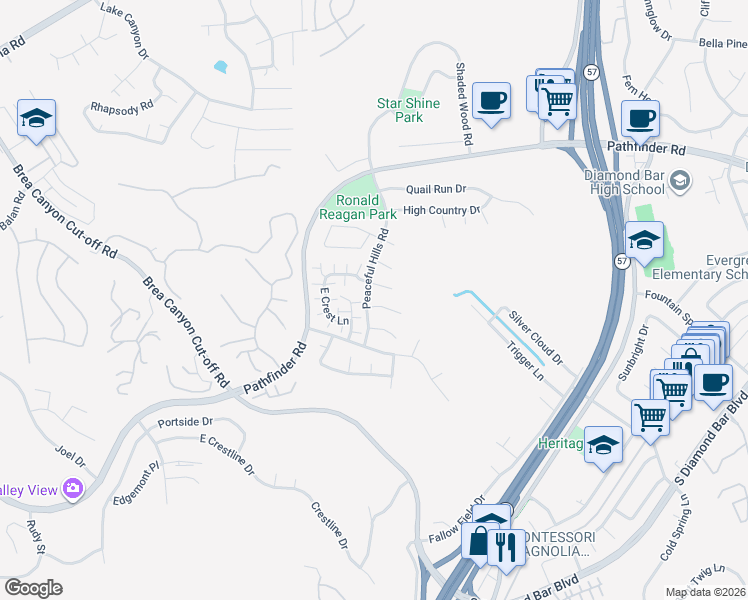 map of restaurants, bars, coffee shops, grocery stores, and more near 20807 East Cliffside Lane in Diamond Bar