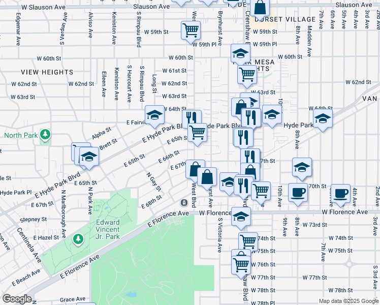 map of restaurants, bars, coffee shops, grocery stores, and more near 1142 East 66th Street in Inglewood