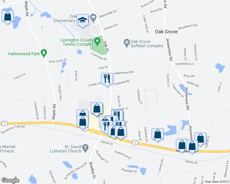 map of restaurants, bars, coffee shops, grocery stores, and more near 304 Oakwood Drive in Lexington