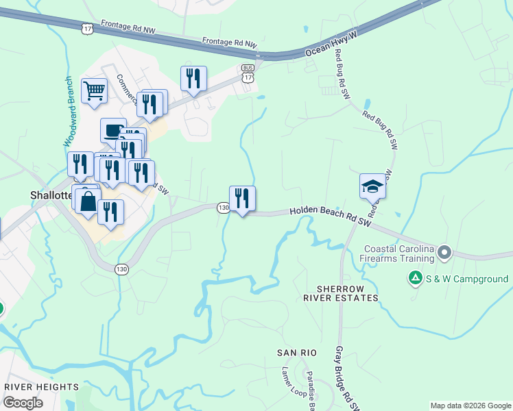 map of restaurants, bars, coffee shops, grocery stores, and more near 299 Holden Beach Rd SW in Shallotte