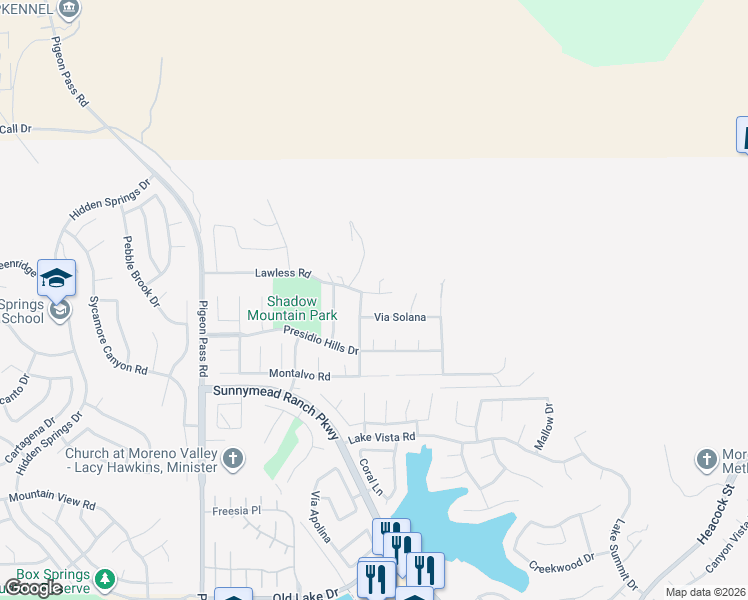 map of restaurants, bars, coffee shops, grocery stores, and more near 23456 Lawless Road in Moreno Valley