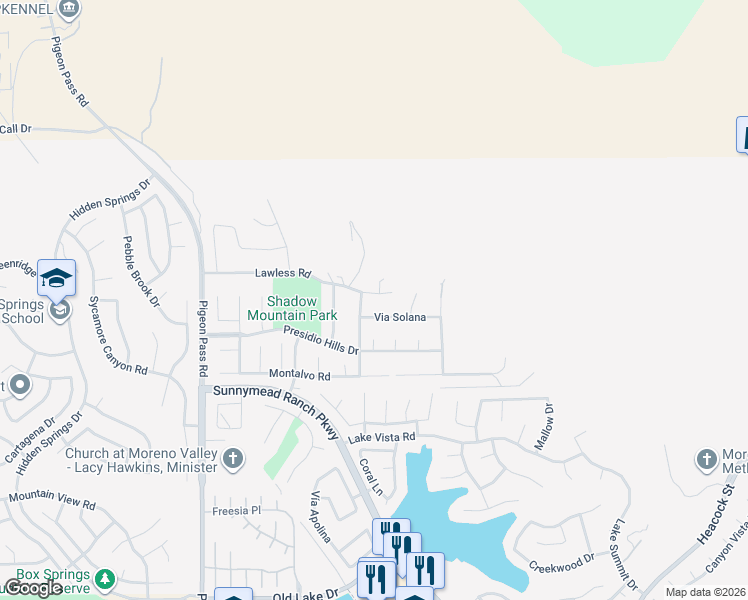 map of restaurants, bars, coffee shops, grocery stores, and more near 23425 Lawless Road in Moreno Valley