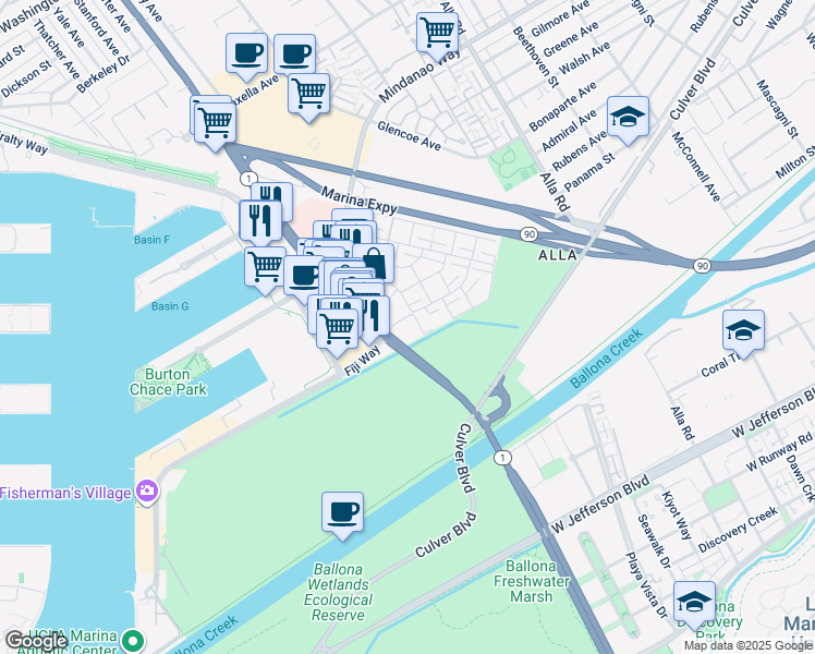map of restaurants, bars, coffee shops, grocery stores, and more near 13249 Fiji Way in Marina del Rey
