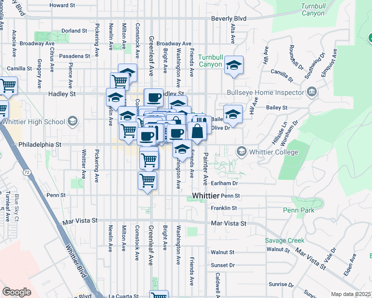 map of restaurants, bars, coffee shops, grocery stores, and more near 13250 Philadelphia Street in Whittier