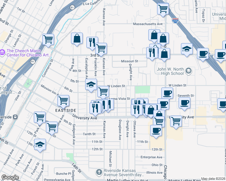 map of restaurants, bars, coffee shops, grocery stores, and more near 2005 West Linden Street in Riverside
