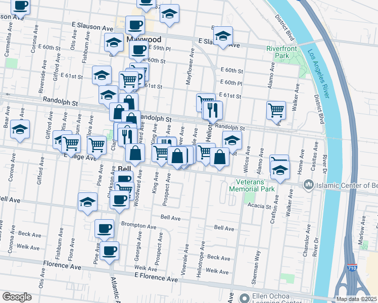 map of restaurants, bars, coffee shops, grocery stores, and more near 6305 Vinevale Avenue in Bell