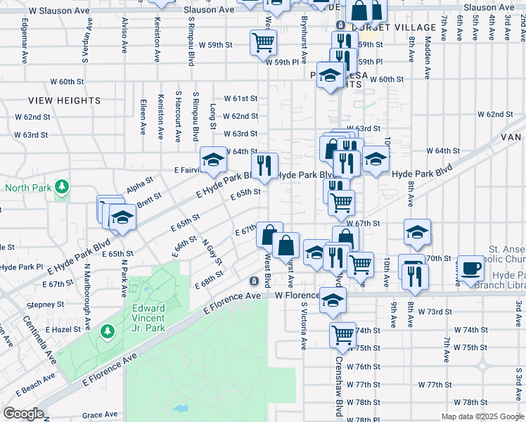 map of restaurants, bars, coffee shops, grocery stores, and more near 1142 East 66th Street in Inglewood