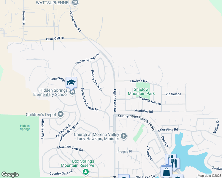 map of restaurants, bars, coffee shops, grocery stores, and more near 9766 Sunnybrook in Moreno Valley