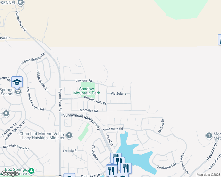 map of restaurants, bars, coffee shops, grocery stores, and more near 23425 Lawless Road in Moreno Valley