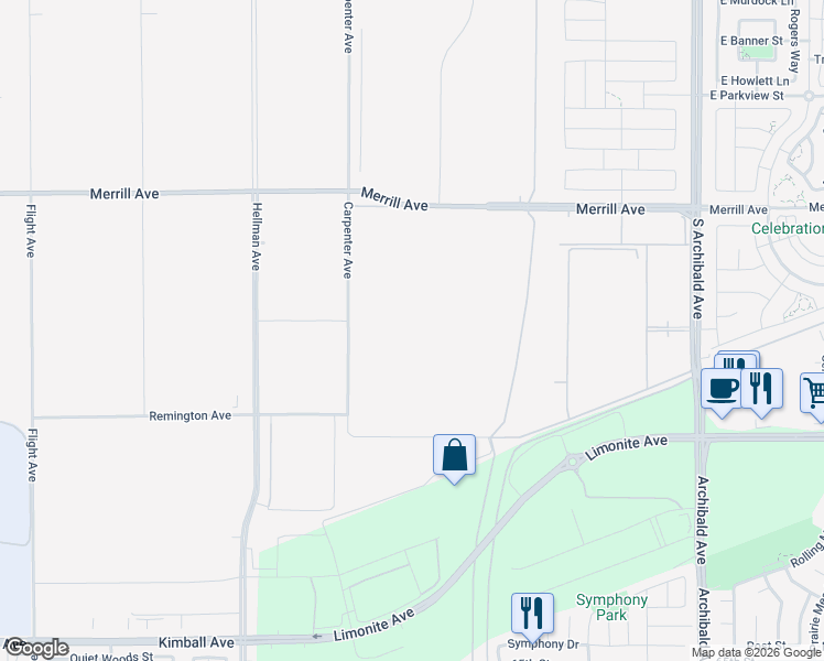 map of restaurants, bars, coffee shops, grocery stores, and more near 15133 Carpenter Avenue in Ontario