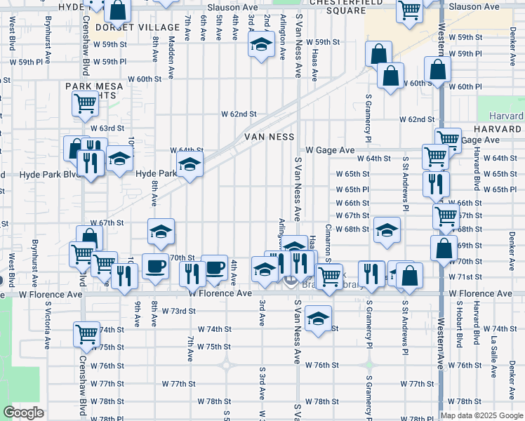 map of restaurants, bars, coffee shops, grocery stores, and more near 6615 2nd Avenue in Los Angeles