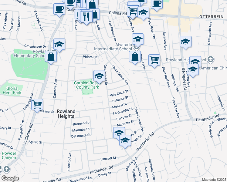 map of restaurants, bars, coffee shops, grocery stores, and more near 18620 Mescalero Street in Rowland Heights