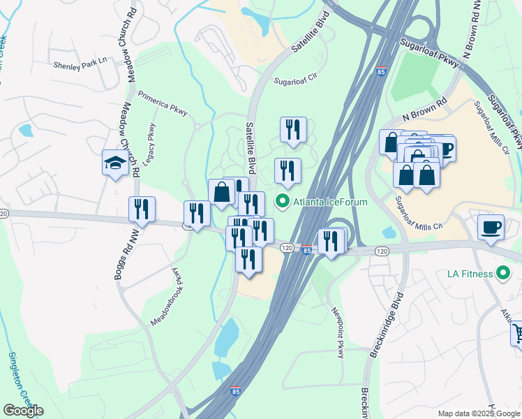 map of restaurants, bars, coffee shops, grocery stores, and more near 2280 Satellite Boulevard in Duluth