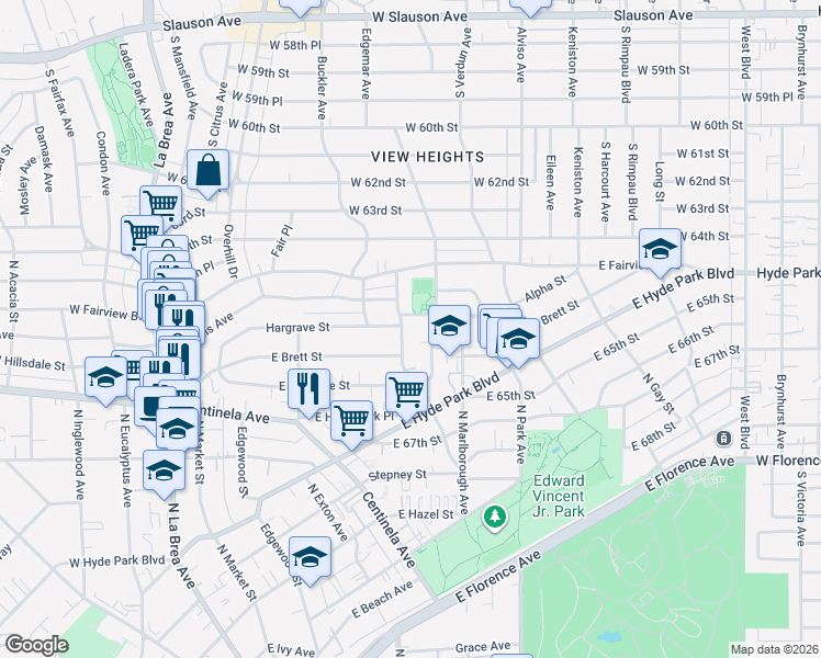 map of restaurants, bars, coffee shops, grocery stores, and more near 1256 Welton Way in Inglewood